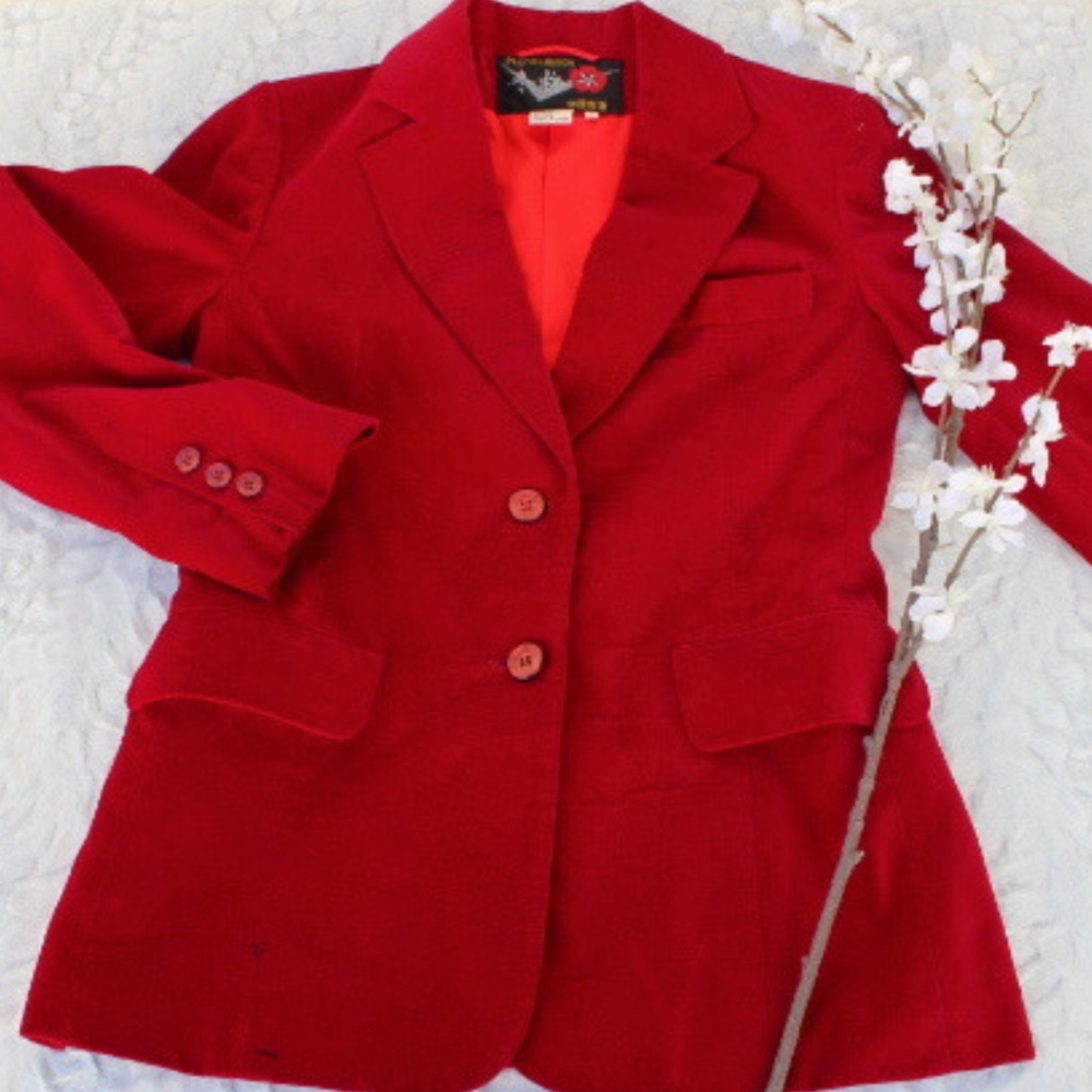 VINTAGE PLUM BLOSSOM RUBY RED VELVET VELOUR BLAZER